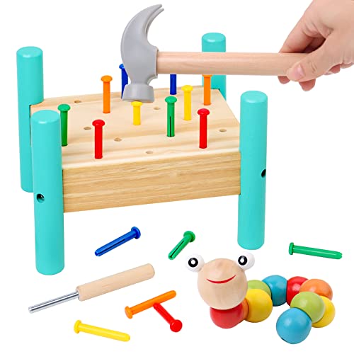 Wood Nails Pounding Hammering 5 Colors Toy Kit for Kids Fun Game Interactive Nailing Table Activity Rainbow Bench