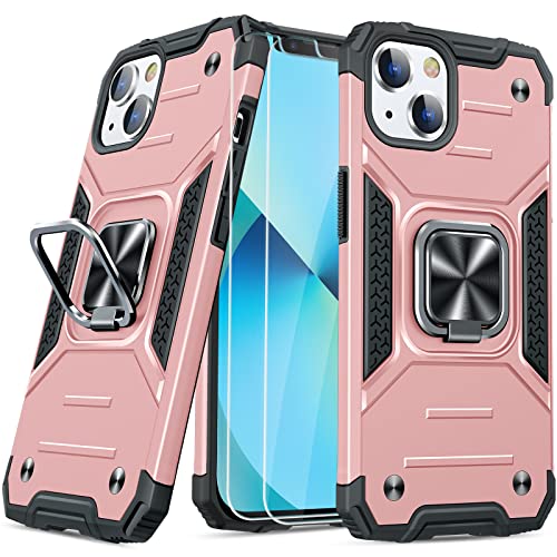 JAME for iPhone 13 Case with Screen Protector [2 Pcs], Slim Soft Bumper Case for iPhone 13, Heavy-Duty Protection Phone Case for iPhone 13 with Ring Holder Kickstand Case for iPhone 13, Rose Gold