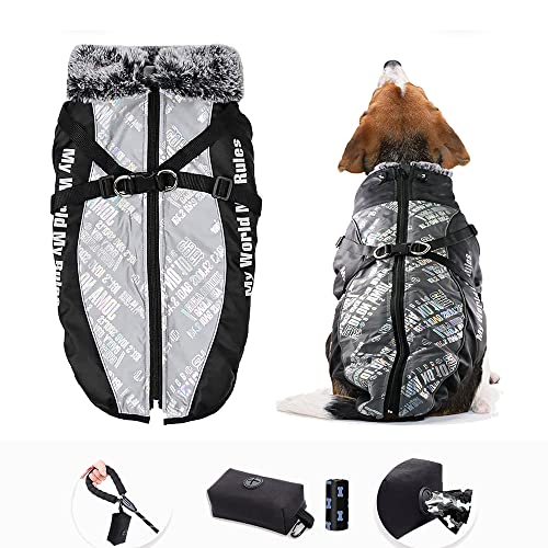 HYH Winter Thick Dog Coat, Warm Jacket for Small Medium Large Dogs in Cold Weather, Snowproof Windproof Reflective Turtleneck Pet Clothes with Harness, Zip, Dual D Ring, Adjustable Buckle-XL