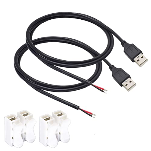 2pcs 1M/3.3Ft 20AWG USB 2.0 Male Plug 2pin Wire DIY Pigtail Cable 5V 5A Black USB Power Cable