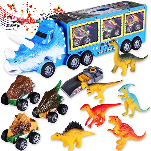 MJartoria Dinosaur Truck Toys for Kids with Flashlight and Sound, A Dinosaur Transport Truck 3 Pull Back Dinosaur Cars and 6 Mini Dino Toys, Dinosaur Toys for Kids Age 3 4 5 6 7 8 Year Old Boys Girls