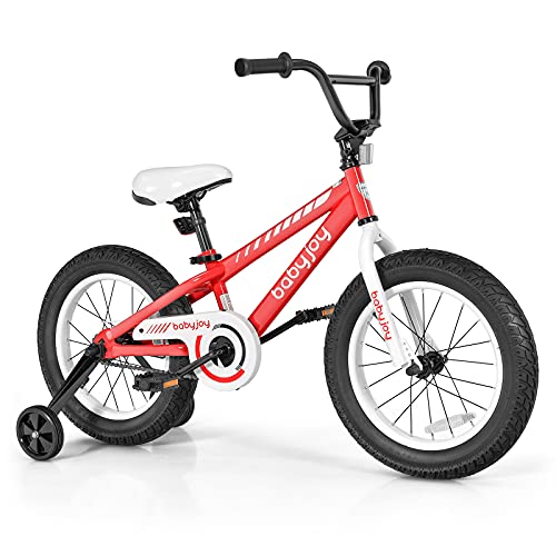 BABY JOY Kids Bike, 16 Inch w/Removable Training Wheels, Adjustable Seat, Steel Frame, Kids Bicycle w/Hand Brake for Emergency Braking, for 4-9 Years Old Toddler Girls Boys