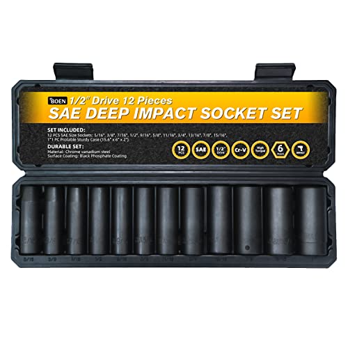 BOEN 1/2″ Drive SAE Deep Impact Socket Set, 12 Piece Cr-V Steel Socket Set SAE Size 5/16″ to 1″, Black Phosphate Coating, 6 Point Design, Meets ANSI Standards