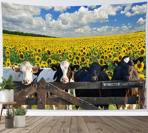 HVEST Cow Tapestry Wall Hanging Sunflower Rustic Yellow Floral Wall Tapestry Funny Farm Animal Bull in Garden Wall Decor Blanket for Bedroom Living Room Dorm,60W X 40H Inches