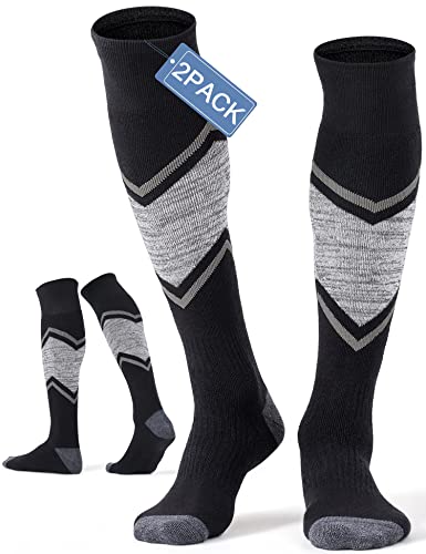 FITRELL 2 Pack Men’s Ski Socks Full Cushioned Winter Wool Thermal Knee High Warm Socks for Skiing Snowboarding, Black, Large, Shoe Size 9-12