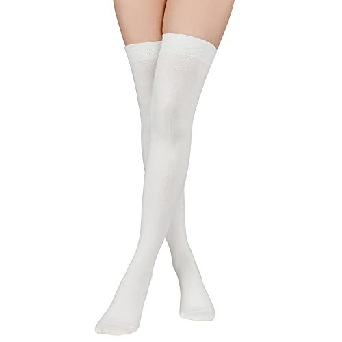 Zando Long Knee High Socks for Women Over the Knee Socks Plus Size Thigh High Stockings Cotton High Long Socks Non Slip High Knee Socks Pure Thigh Highs for Thick Thighs White
