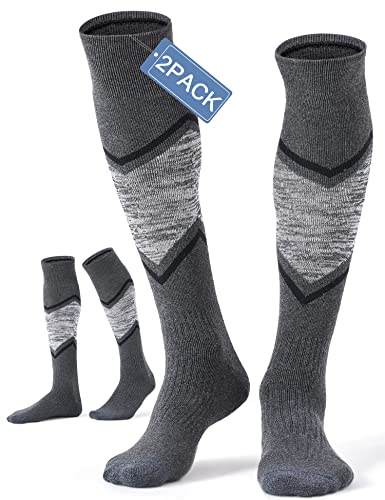 FITRELL 2 Pack Men’s Ski Socks Full Cushioned Winter Wool Thermal Knee High Warm Socks for Skiing Snowboarding, Grey, X-Large, Shoe Size 13-15