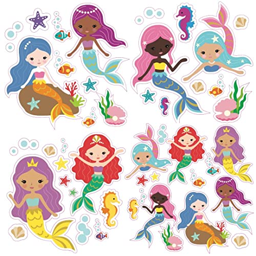 Mermaid Wall Stickers for Kids Room Decor and Mermaid Bathroom Decor, 50 Piece Peel and Stick Multicultural Reusable Mermaid Wall Decal for Girls, Includes four 11×11 inch sheets of fun