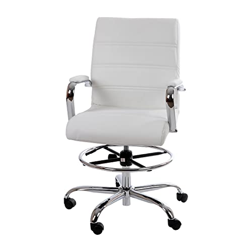Flash Furniture Adjustable Height Drafting Chair – Contemporary Mid-Back White LeatherSoft Drafting Stool Chair – Adjustable Foot Ring & Chrome Base