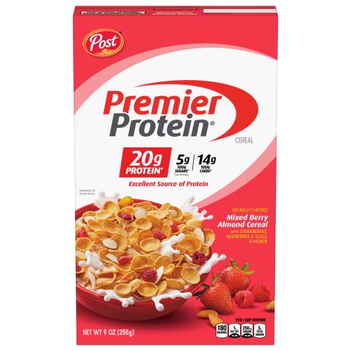 Post Premier Protein Mixed Berry Almond cereal, high protein cereal, protein-rich breakfast or snack made with real berries and almonds, 9 Ounce – 1 count