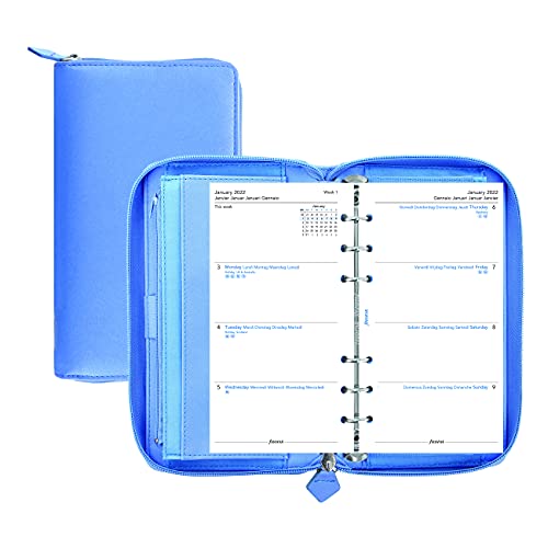 Filofax Saffiano Zip Organizer, Personal Compact Size, Vista Blue – Cross-Grain, Leather-Look, Six Rings, Week-to-View Calendar Diary, Multilingual, 2022 (C022592-22)