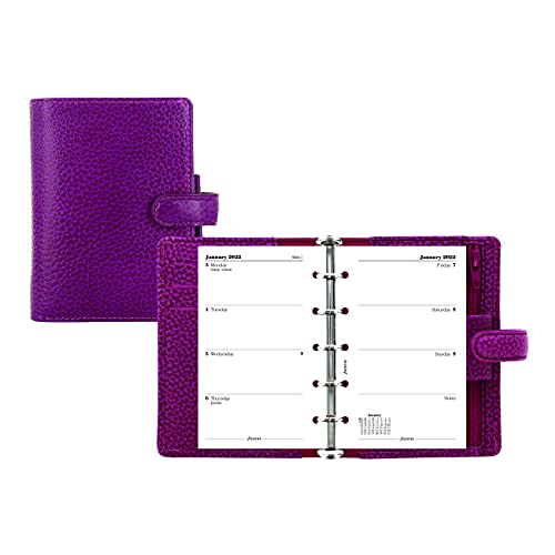 Filofax Finsbury Organizer, Mini Size, Raspberry – Traditional Grained Leather, Five Rings, Week-to-View Calendar Diary, Multilingual, 2022 (C025398-22)