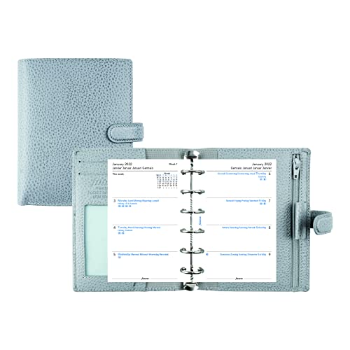 Filofax Finsbury Organizer, Pocket Size, Slate Grey – Traditional Grained Leather, Six Rings, Week-to-View Calendar Diary, Multilingual, 2022 (C029512-22)