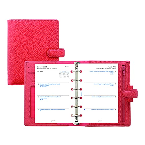 Filofax Finsbury Organizer, Pocket Size, Coral – Traditional Grained Leather, Six Rings, Week-to-View Calendar Diary, Multilingual, 2022 (C025553-22)