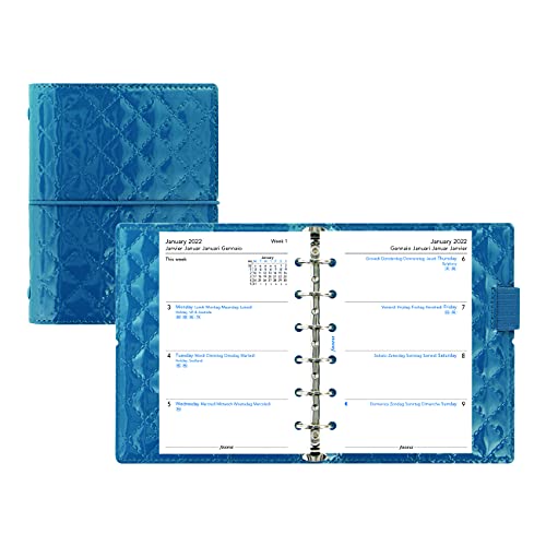 Filofax Domino Luxe Organizer, Pocket Size, Teal – High-Gloss, Quilted Effect Cover, Parisian Inspired, Six Rings, Week-to-View Calendar Diary, Multilingual, 2022 (C027993-22)