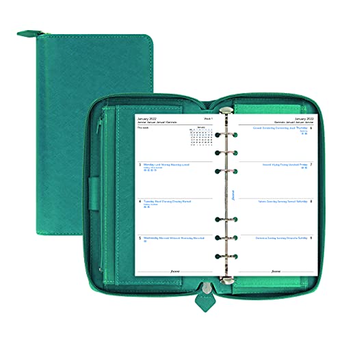 Filofax Saffiano Zip Organizer, Personal Compact Size, Aquamarine – Cross-Grain, Leather-Look, Six Rings, Week-to-View Calendar Diary, Multilingual, 2022 (C022536-22)