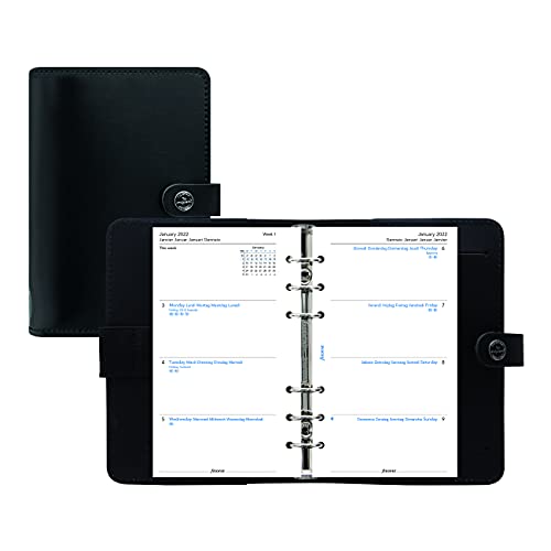 Filofax The Original Organizer, Personal Size, Black – Leather, Six Rings, Week-to-View Calendar Diary, Multilingual, 2022 (C022508-22)