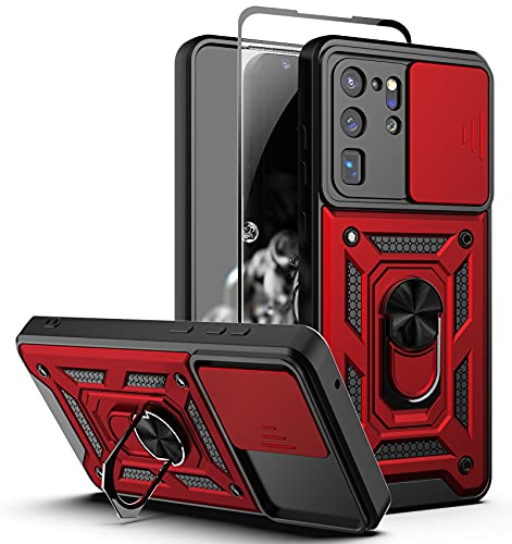 Dretal Galaxy S20 Ultra 5G Case with Stand Kickstand Ring and Camera Cover with Tempered Glass Screen Protector, Military Grade Shockproof Protective Cover for Samsung Galaxy S20 Ultra 6.9″ (TC-Red)