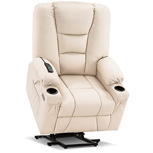 MCombo Large Power Lift Recliner Chair with Massage and Heat for Elderly, Extended Footrest, 3 Positions, Lumbar Pillow, Cup Holders, USB Ports, Faux Leather 7539 (Large, Cream White)