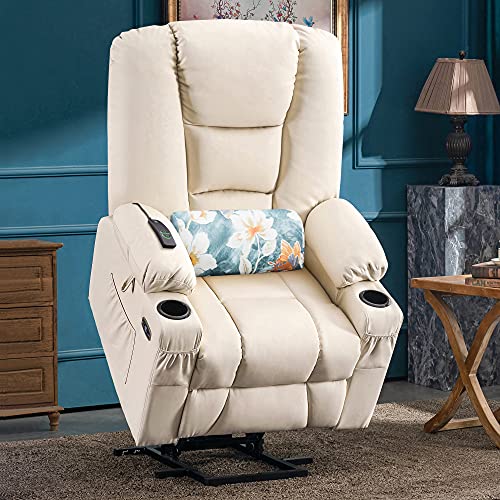 MCombo Large Power Lift Recliner Chair with Massage and Heat for Elderly, Extended Footrest, 3 Positions, Lumbar Pillow, Cup Holders, USB Ports, Faux Leather 7539 (Large, Cream White) | The Storepaperoomates Retail Market - Fast Affordable Shopping