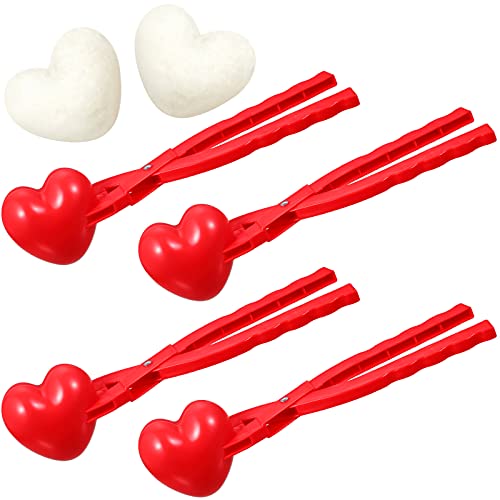 Heart Snowball Maker Winter Mould with Handle Plastic Heart Snowball Makers Fun Winter Outdoor Snowball Clip for Valentine’s Day Snow Ball Fights, Outdoor Play Snow Toy (4 Pieces)