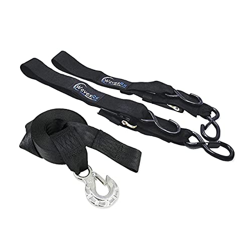 WAVESRX Premium Boat and Jet Ski Trailer Winch Strap 20′ + 2PK 48″ Transom Tie-Down Straps (Value Bundle) | Marine Grade Stainless Steel Hook | Secure Retrieval and Transportation of Your Watercraft