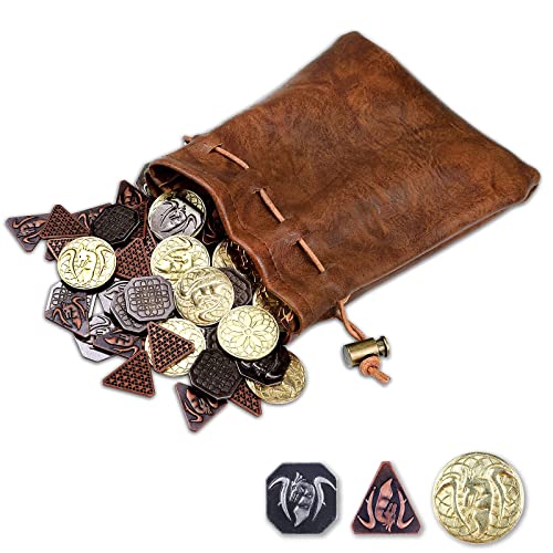 60PCS DND Coins with Leather Pouch, Gold, Silver and Copper Coins in Metal Coins, Fantasy Coins for Board Games, Fake Coins for Games Tokens, Role-Playing Coins of Dungeons and Dragons
