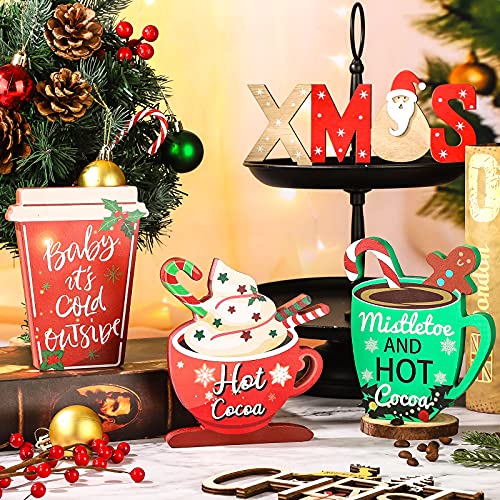 3 Pieces Winter Tiered Tray Decor Winter Table Sign Wooden Decorations Xmas Tabletop Coffee Signs Winter Hot Cocoa Snowmen Santa Decor for Table Home Party Decoration (Creative Style)