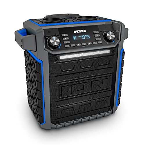 ION Audio Pickup – 100-watt Water-Resistant Wireless Bluetooth Speaker with 75-Hour Rechargeable Battery, AM/FM Radio and Multi-Color Light Bar