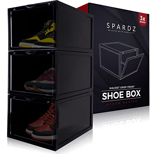 SPARDZ Clear Shoe Box 3 Pack Stackable Shoe Boxes with Clear Magnet Drop Front Shoe Box, Shoe and Sneaker Storage Box, Display Sneakers, Sturdy Plastic, Easy Assembly, Fit up to US Size 12 (Black)