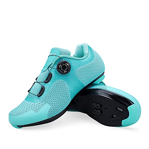 Espezz Womens Cycling Shoes Womens Road Bike Riding Shoes Indoor Cycling Shoes for Women, Compatible with Look Delta Cleats and SPD Cleats LT.Blue 6