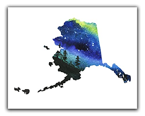 Alaska State Map Wall Art Print – 8×10 Silhouette Decor Print with Watercolor Forest & Northern Lights. Makes a Great AK-Themed Gift. Shades of Grey, Black, Blue & Green on White.