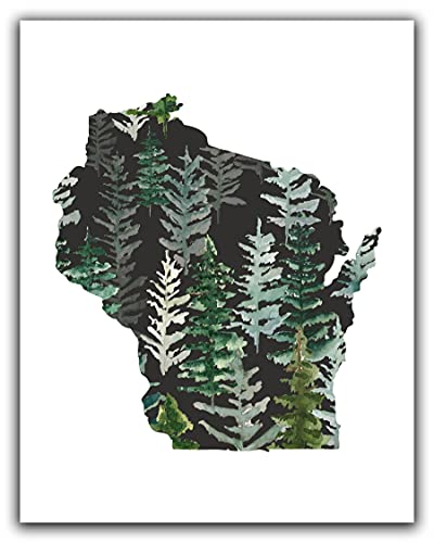 Wisconsin State Map Wall Art Print – 8×10 Silhouette Decor Print with Watercolor Forest. Makes a WI-Themed Gift. Shades of Grey, Black & Green on White.