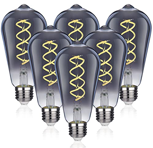 ST58 Vintage LED Edison Bulb ,4.5W Daylight 5000K, Antique Flexible Spiral LED Filament Light Bulb,300Lm Dimmable with 80+ CRI , 4.5W Equivalent to 45W, E26 Base,Smoky Grey Glass(4.5W-5000K-6 Pack)