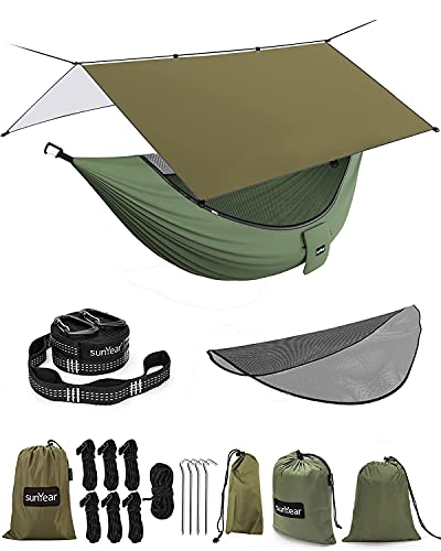 Sunyear Hammock Camping with Removable No See-Um Net and Rain Fly Tent Tarp with 32ft Long Ridgeline Against Storm, Snow,Best for Outdoor Backpacking Hiking&Survival