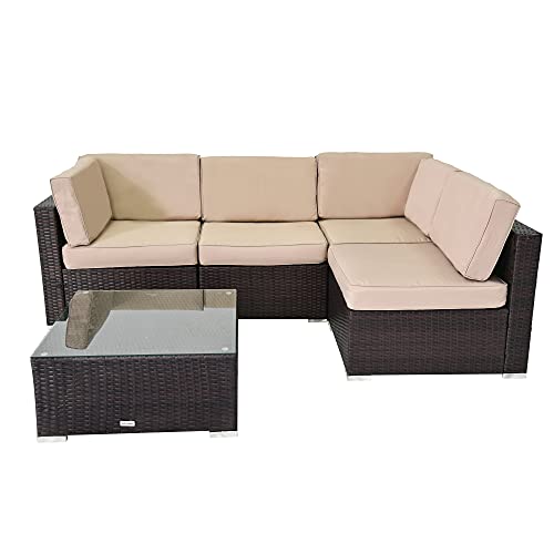 DREAMO 5pcs Patio Conversation Set Outdoor Furniture Sets Sectional Wicker Sofa Set All-Weather with Tea Table Washable Beige Couch Cushions