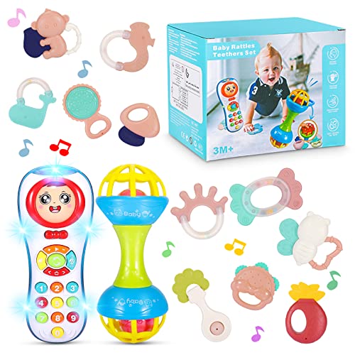 WOSTOO Baby Toys 0-6 Months, Baby Teething Toys Early Educational Learning Toys Gifts, Including Infant Shaker Grab and Spin Rattle with Music and Light for Infant Newborn Boys Girls