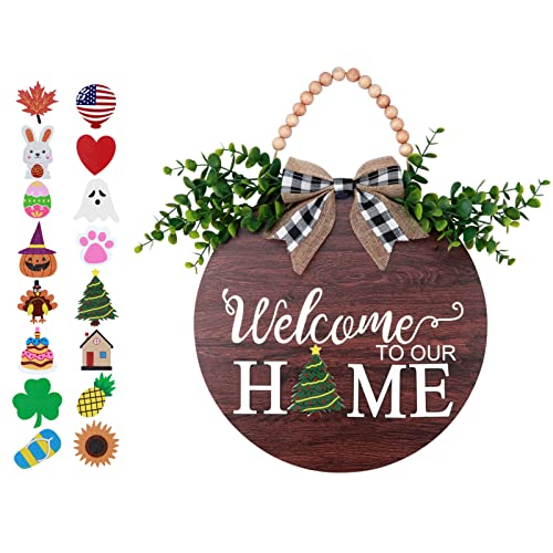 Valentines Day Welcome Sign for Front Door, Round Wood Hanging Front Door Sign Interchangeable Welcome Sign Seasonal Farmhouse Porch Sign Welcome Plaques Housewarming Gift with 16 Pcs Holiday Interchangeable Icons