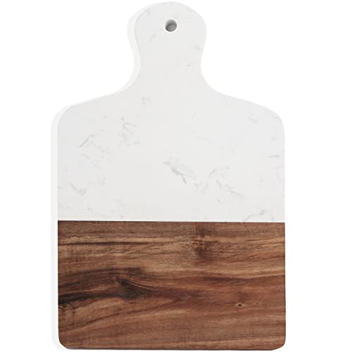 Azauvc Cutting Board with Marble and Natural Wood,Serving Board for Steak Fruits with Handle,Chopping Board for Bread as Serving Trays (White)