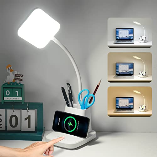 LED Desk Lamp with Wireless Charger, Sailstar White Desk Light with Pen Holder, 3 Color Modes with Stepless Dimming, CRI 85, 800 Lumen, Study Lamps for College Dorm Room, Home Office, Adapter Included