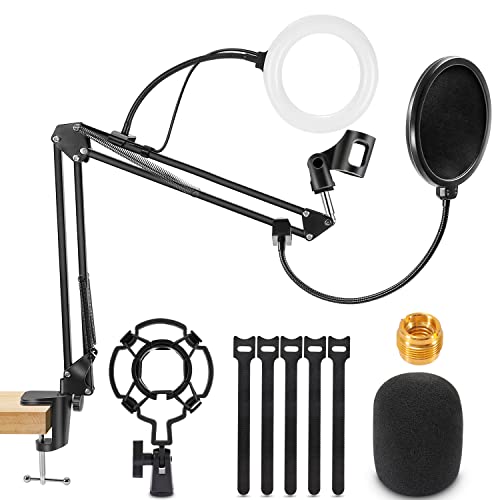 Microphone Stand, WOSTOO Mic Stand Desk Boom Arm with Fill Light Professional Microphone Boom Arm Scissor for Blue Snowball & Most Other Mics for Live Streaming Recording Singing Home Studio