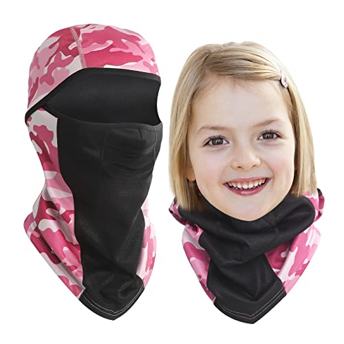 Pixel Bear Kid Balaclava Windproof Thermal Winter Face Mask Camouflage Ski Mask Waterproof Ninja Mask Neck Warmer Cold Weather for Skiing Snow Sleds Snowboarding Boys and Girls Pink