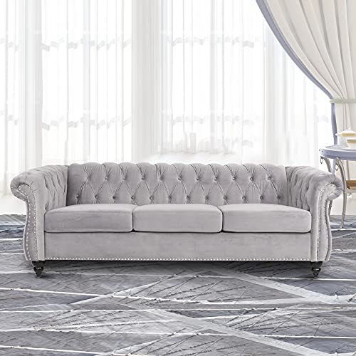 NOSGA Modern Chesterfield Fabric 3 Seater Couch Furniture, Deep Button Tufted Chesterfield Velvet Sofa with Scroll Arms, Upholstery Nailhead Trim Sofa Couches for Living Room(Grey)