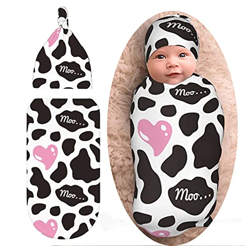 Cow Print Newborn Swaddle Blanket Baby Pink Heart Swaddle Blankets Wrap Infant Receiving Blanket with Beanie Hat Sets Infant Gifts for Boys Girls Soft