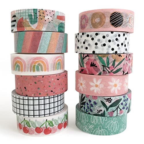 ZYNSHE Washi Tape Set, 12 Rolls of 15 mm Wide (7 m Long), Cute Decorative Tape for Scrapbooking, Bullet Journals, Planners, Gift Wrapping, DIY Decor and Craft Supplies