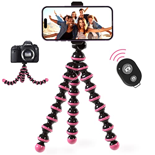 TALK WORKS Flexible Phone Tripod for iPhone, Android, Camera – Adjustable Stand Holder with Mini Wireless Remote for Selfies, Vlogging, Beauty/Makeup, Live Streaming/Recording – Pink,14019