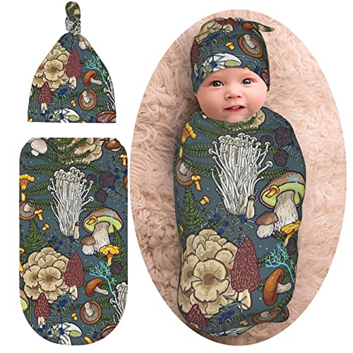 Mushroom Baby Stuff Newborn Swaddle Blanket Cute Baby Swaddle Blankets Wrap Receiving Blanket Soft Stretchy Sleep Sack with Beanie Hat Gifts for Boy Girl