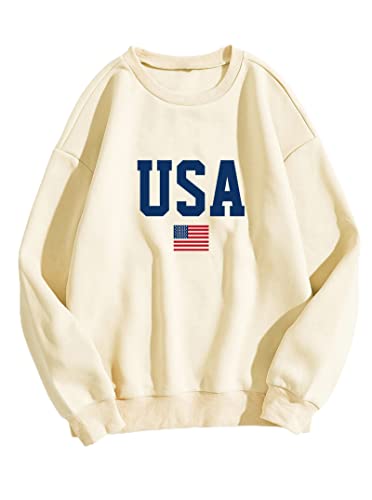 Avanova Women’s USA Flag Graphic Letter Print Long Sleeve Pullover Sweatshirt Loose Top Letter Beige Small