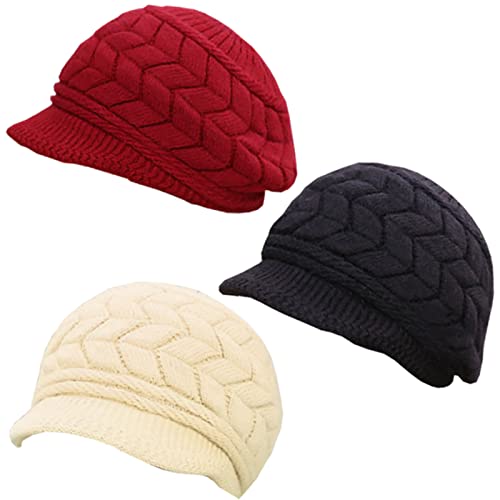 Lomodo 3 Pack Women Winter Warm Knit Hat Wool Snow Ski Caps with Visor Slouchy Beanie Cap Slouchy Beanie Cap