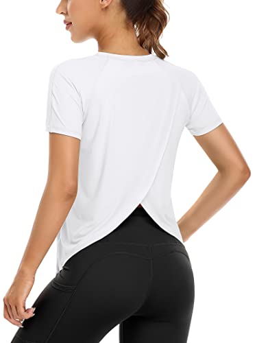 ATTRACO Women Short Sleeve Workout Tops Fitness Running Shirts Gym Athletic Clothes White